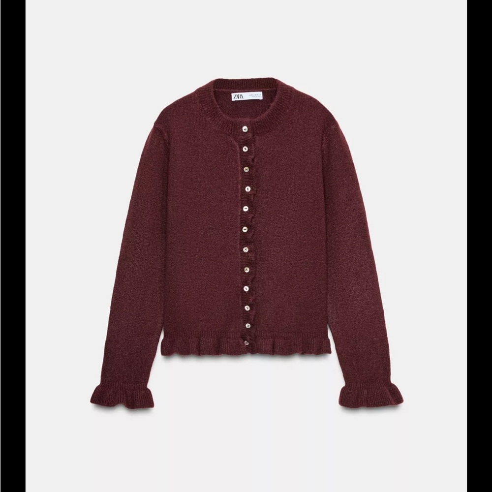 Zara Burgundy Ruffled Knit Cardigan 🧶